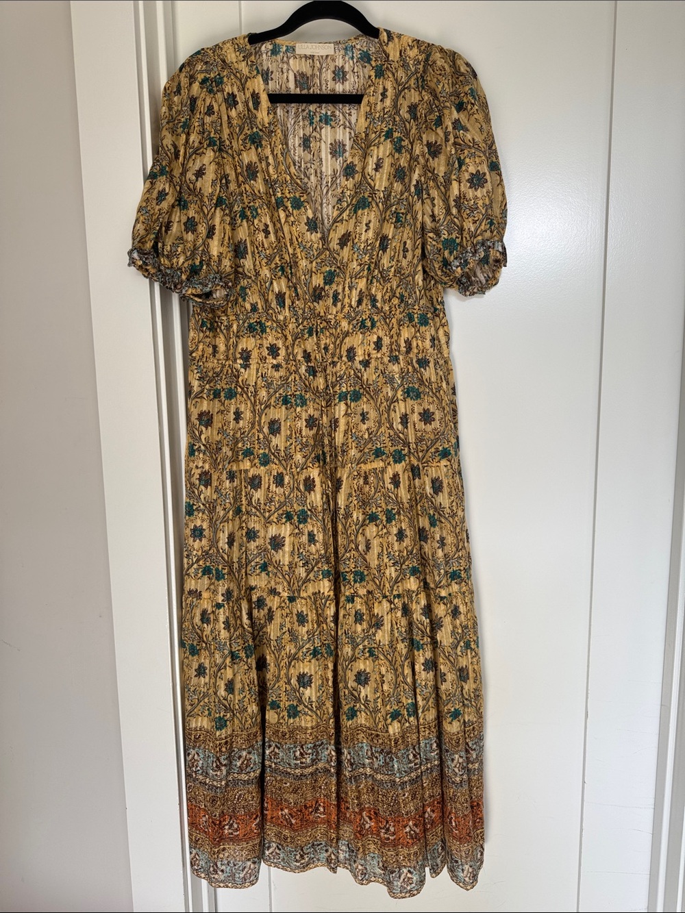 Ulla JohnsonFloral V-Neck Puff Sleeve Midi Dress in yellows, oranges, blues